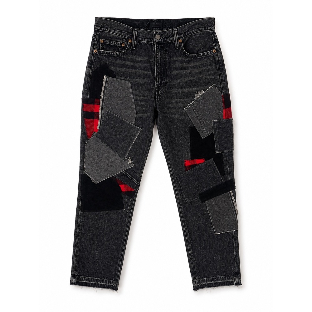 Polo Ralph Lauren Patchwork Jeans Womens 31 Black Red Leather Raw Hem Denim